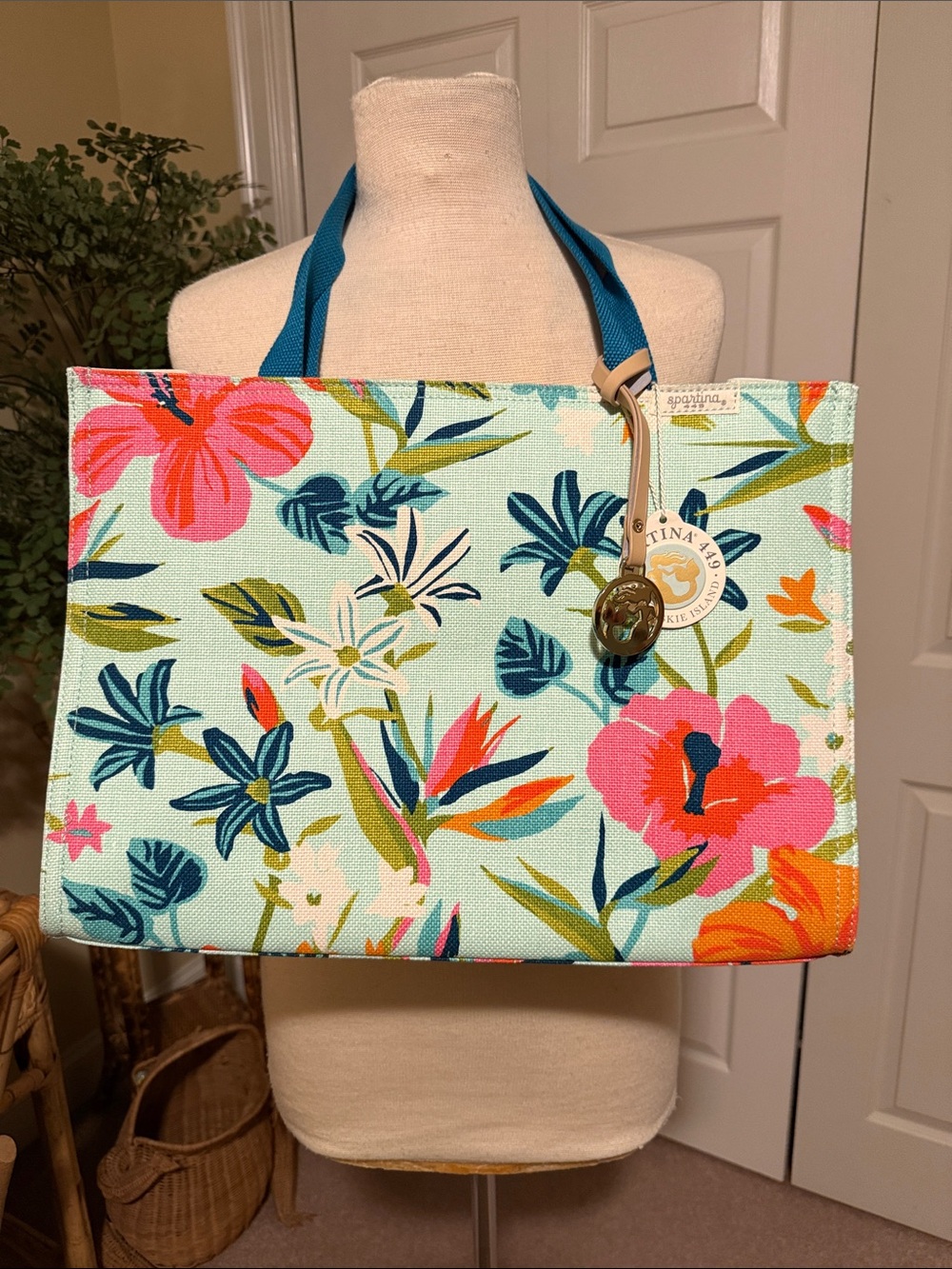 NWT Spartina 449 Floral Canvas Tote in Aqua with Pink and Coral Blooms